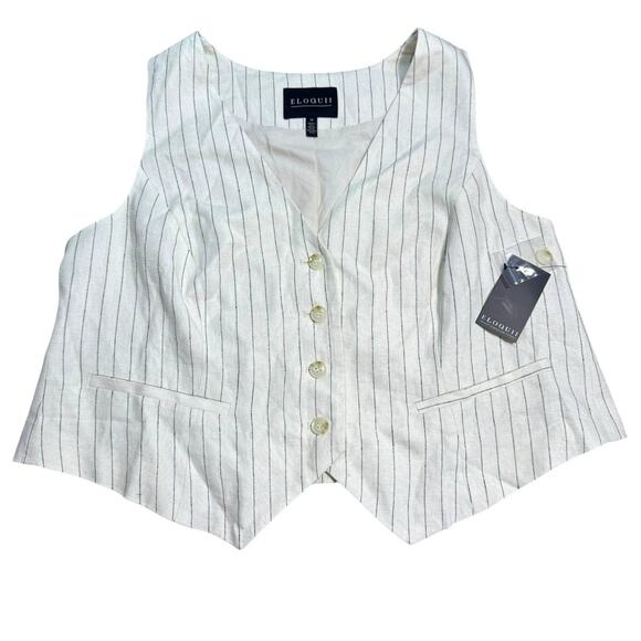 NWT ELOQUII Linen Womens Split Hem Suiting Vest In Pinstripe Ivory Sz 14 Large - Picture 1 of 10